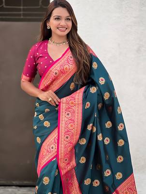 Teal blue soft silk blend wevon meenakari trending partywear saree 3