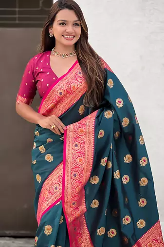 Teal blue soft silk blend wevon meenakari trending partywear saree