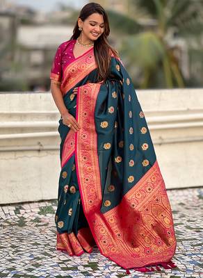 Teal blue soft silk blend wevon meenakari trending partywear saree 4