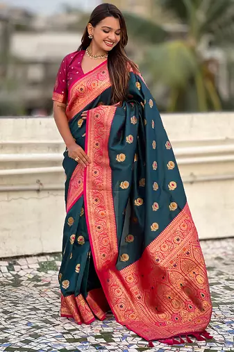 Teal blue soft silk blend wevon meenakari trending partywear saree
