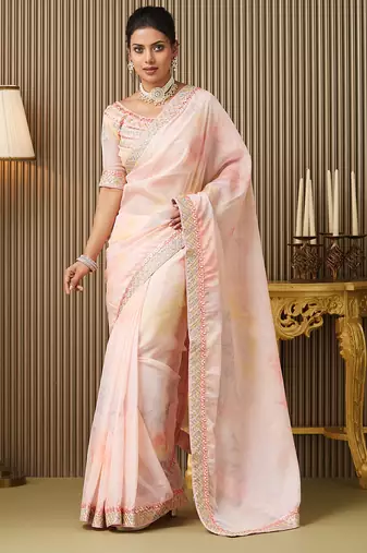 Pink organza embellished work saree
