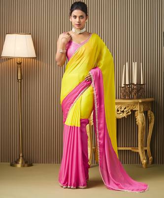 Pink chiffon mirrorwork blocked work ceremonial saree 1