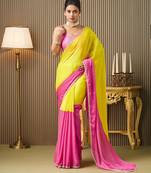 Pink color chiffon fabric mirrorwork colorblocked work ceremonial saree