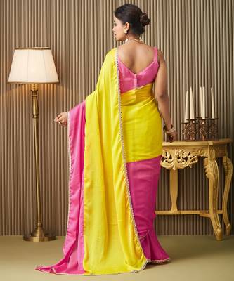 Pink chiffon mirrorwork blocked work ceremonial saree 2