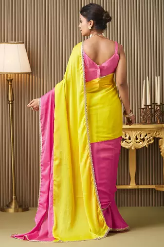Pink chiffon mirrorwork blocked work ceremonial saree