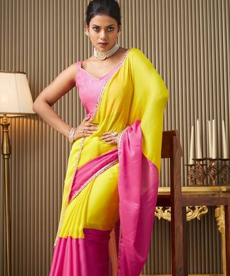 Pink chiffon mirrorwork blocked work ceremonial saree 3
