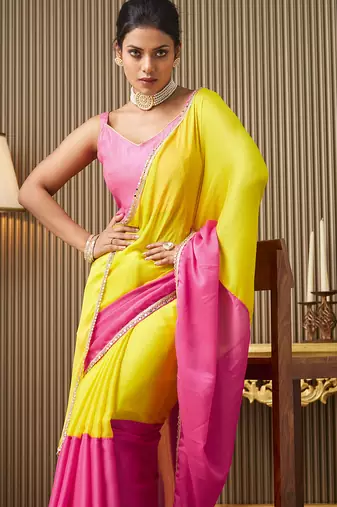 Pink chiffon mirrorwork blocked work ceremonial saree