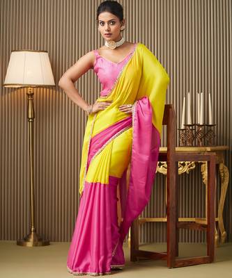 Pink chiffon mirrorwork blocked work ceremonial saree 4