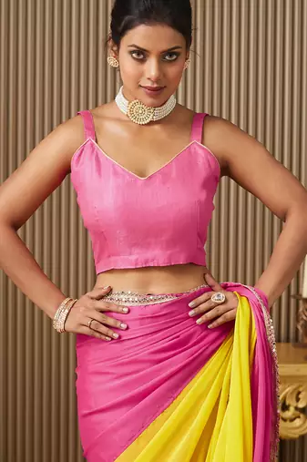 Pink chiffon mirrorwork blocked work ceremonial saree