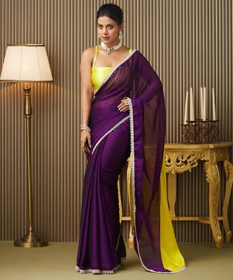 Purple chiffon mirrorwork blocked work ceremonial saree 1