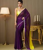 Purple color chiffon fabric mirrorwork colorblocked work ceremonial saree