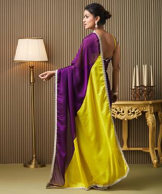 Purple chiffon mirrorwork blocked work ceremonial saree 2