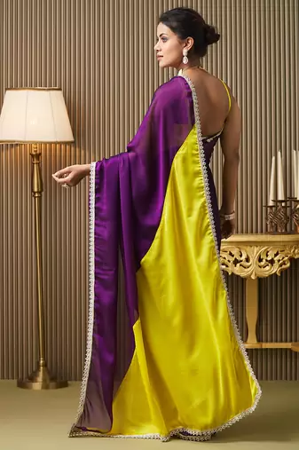 Purple chiffon mirrorwork blocked work ceremonial saree