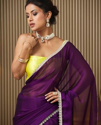 Purple chiffon mirrorwork blocked work ceremonial saree 3