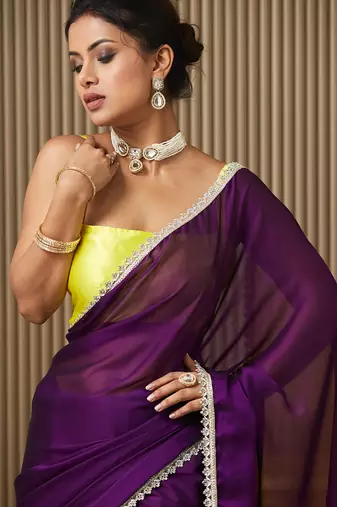 Purple chiffon mirrorwork blocked work ceremonial saree
