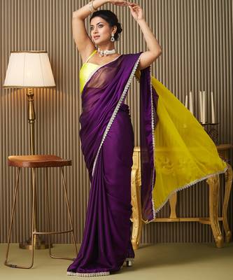 Purple chiffon mirrorwork blocked work ceremonial saree 4