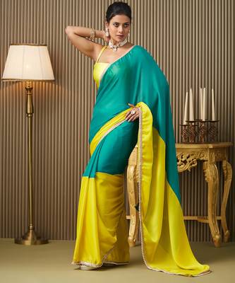 Teal chiffon motiwork lace blocked ceremonial saree 1