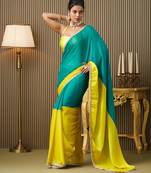 Teal color chiffon fabric motiwork lace colorblocked ceremonial saree