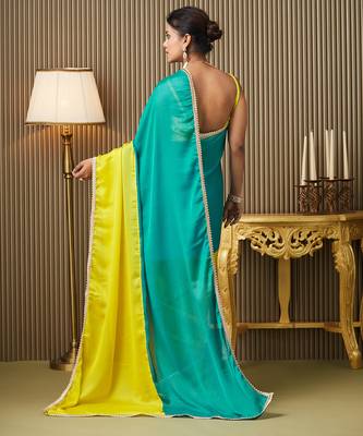 Teal chiffon motiwork lace blocked ceremonial saree 2