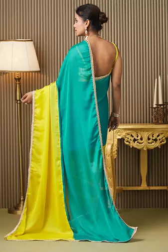 Teal chiffon motiwork lace blocked ceremonial saree