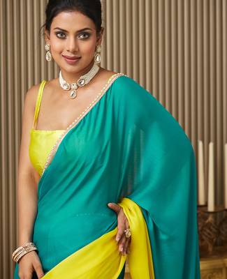 Teal chiffon motiwork lace blocked ceremonial saree 3