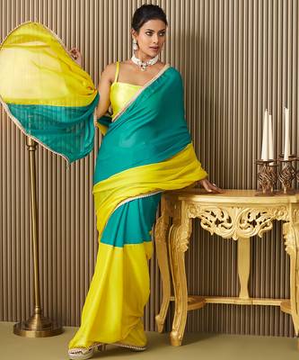 Teal chiffon motiwork lace blocked ceremonial saree 4