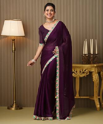 Purple color chiffon fabric embellished ceremonial saree 1