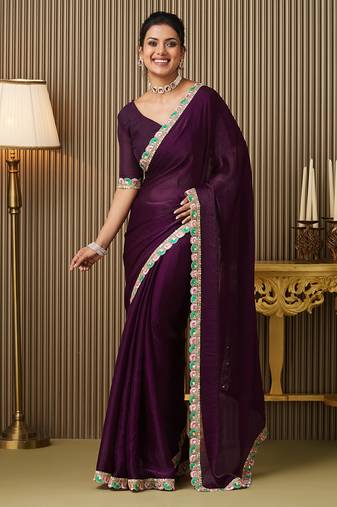 Purple color chiffon fabric embellished designer ceremonial saree