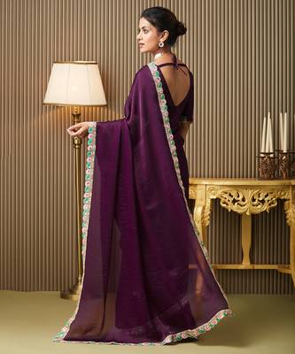 Purple color chiffon fabric embellished ceremonial saree 2