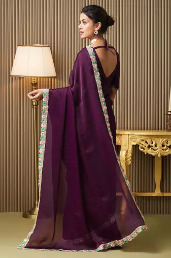 Purple color chiffon fabric embellished ceremonial saree