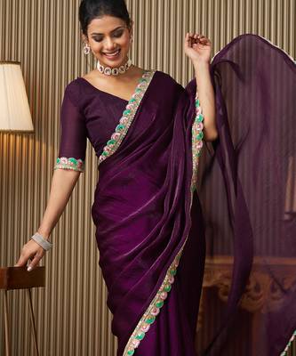 Purple color chiffon fabric embellished ceremonial saree 3