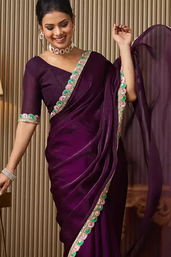 Purple color chiffon fabric embellished ceremonial saree
