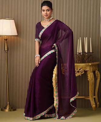 Purple color chiffon fabric embellished ceremonial saree 4