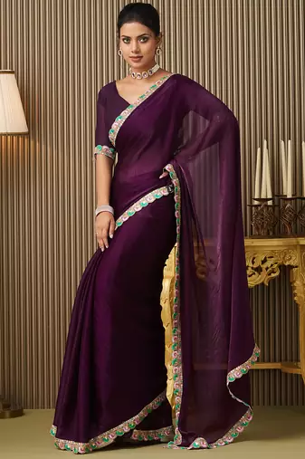 Purple color chiffon fabric embellished ceremonial saree