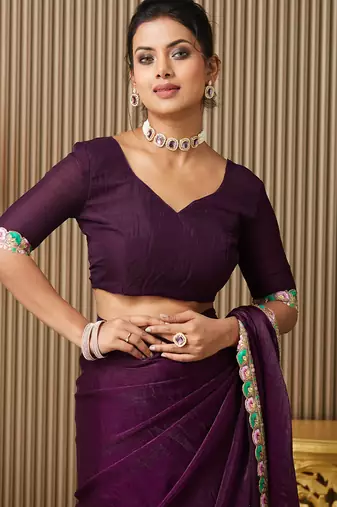 Purple color chiffon fabric embellished ceremonial saree