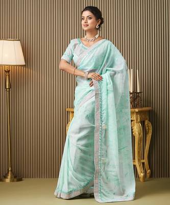 Turquoise blue organza embroidered embellished work ceremonial saree 1