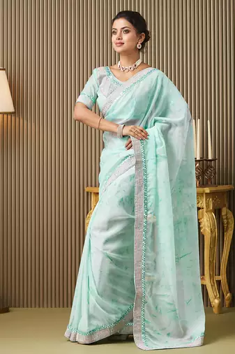 Turquoise blue color organza fabric embroidered embellished work ceremonial saree