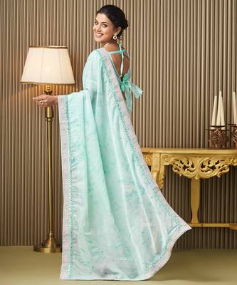 Turquoise blue organza embroidered embellished work ceremonial saree 2