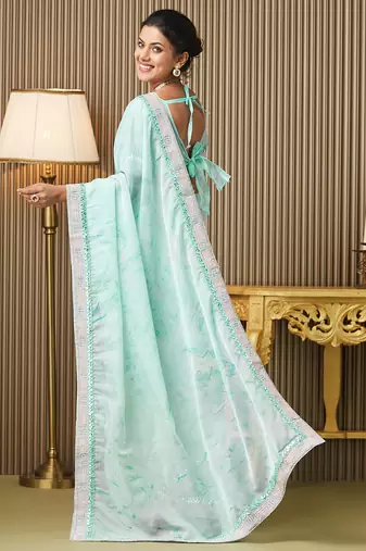 Turquoise blue organza embroidered embellished work ceremonial saree