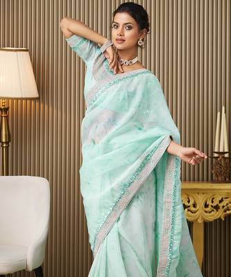Turquoise blue organza embroidered embellished work ceremonial saree 3