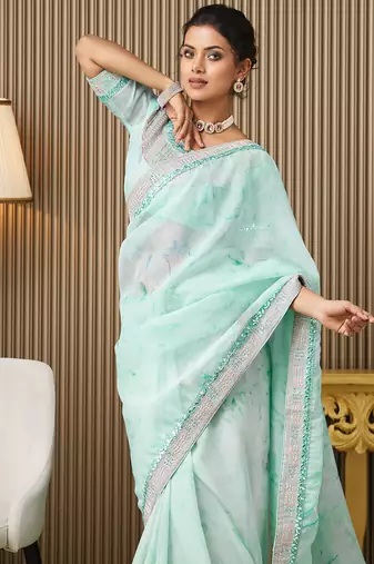 Turquoise blue organza embroidered embellished work ceremonial saree