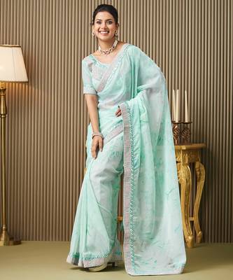 Turquoise blue organza embroidered embellished work ceremonial saree 4