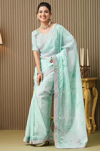 Turquoise blue organza embroidered embellished work ceremonial saree