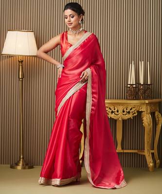 Red organza lace work ceremonial saree 1