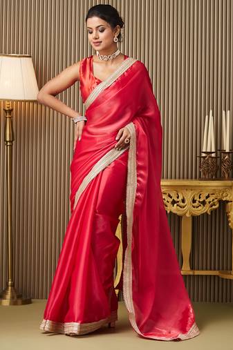 Red color organza fabric designer lace work ceremonial saree