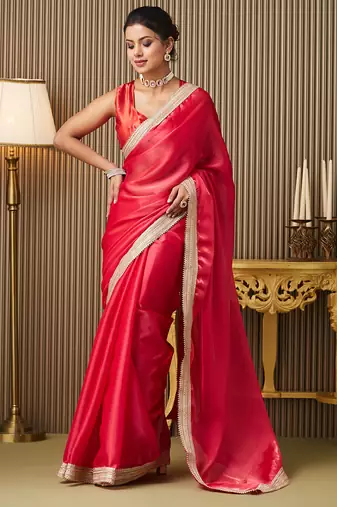 Red color organza fabric designer lace work ceremonial saree