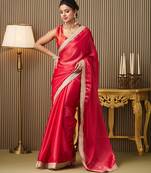 Red color organza fabric lace work ceremonial saree