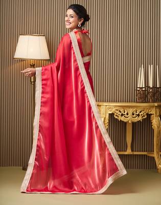 Red organza lace work ceremonial saree 2