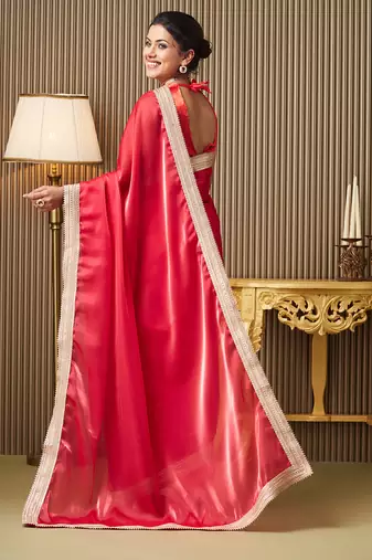 Red organza lace work ceremonial saree