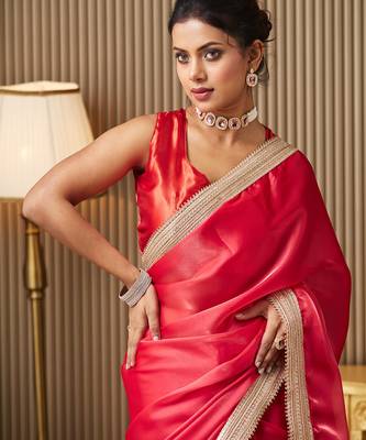 Red organza lace work ceremonial saree 3